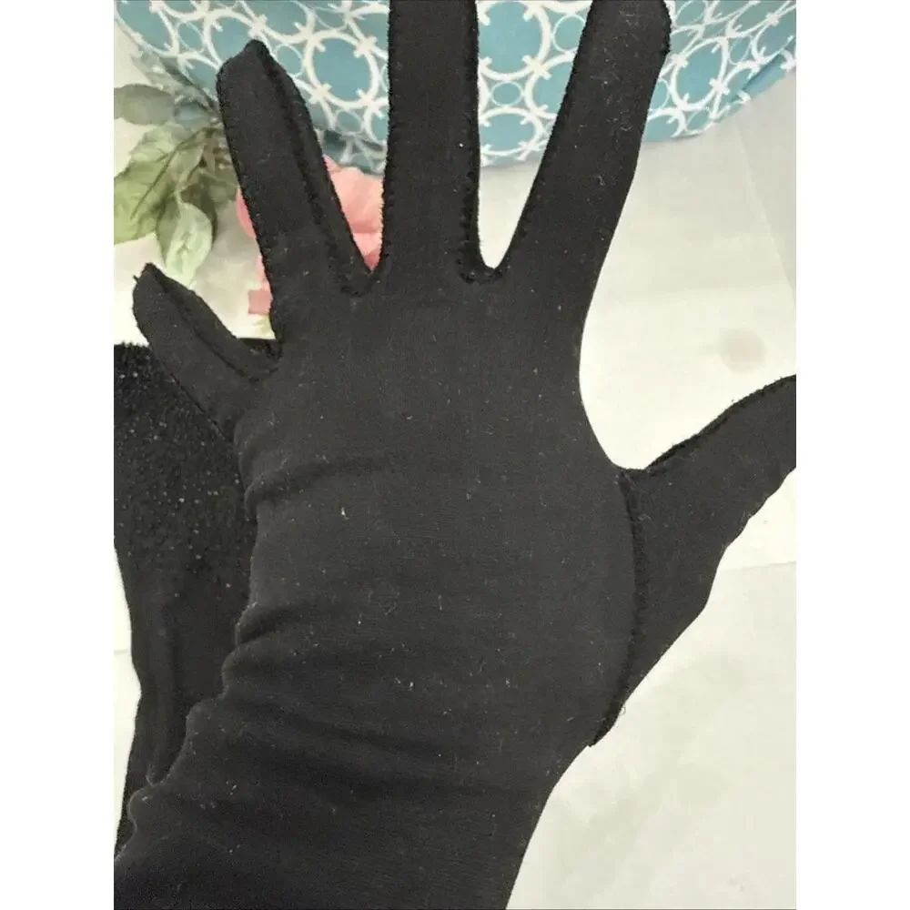 Vintage Black Leather Gloves Womens 6.5 Black Long Opera Glass Beaded Fancy
